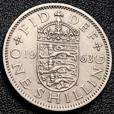 泉币菌-第158场-元旦欢乐场，开年第一场，新年快乐！（特修改截拍时间为23:30分） - 1963年 英国女王1先令镍币 三狮盾徽 伊丽莎白二世 23.5mm