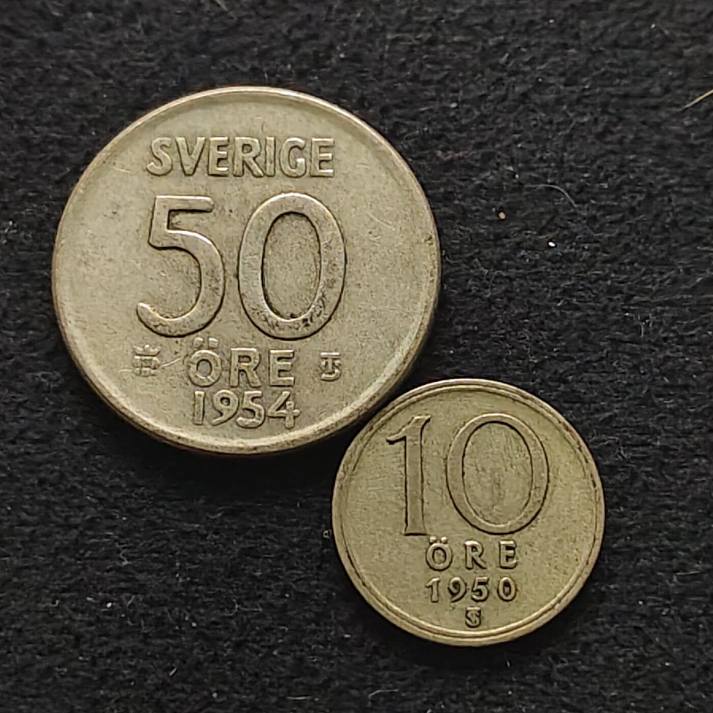 【全场包邮】纯粹捡漏拍490场（免费代拍第27场） 瑞典1950/1954年50/10欧尔银币2枚（共计6.24克）一组