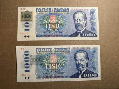 🐍甜小邱世界纸币收藏🐍第138期精品场💐 - 【不同版别一对无4】捷克1993年1000克朗 贴票和加盖版（P3a和P3c）一对 斯梅塔纳 全新UNC 一次凑齐