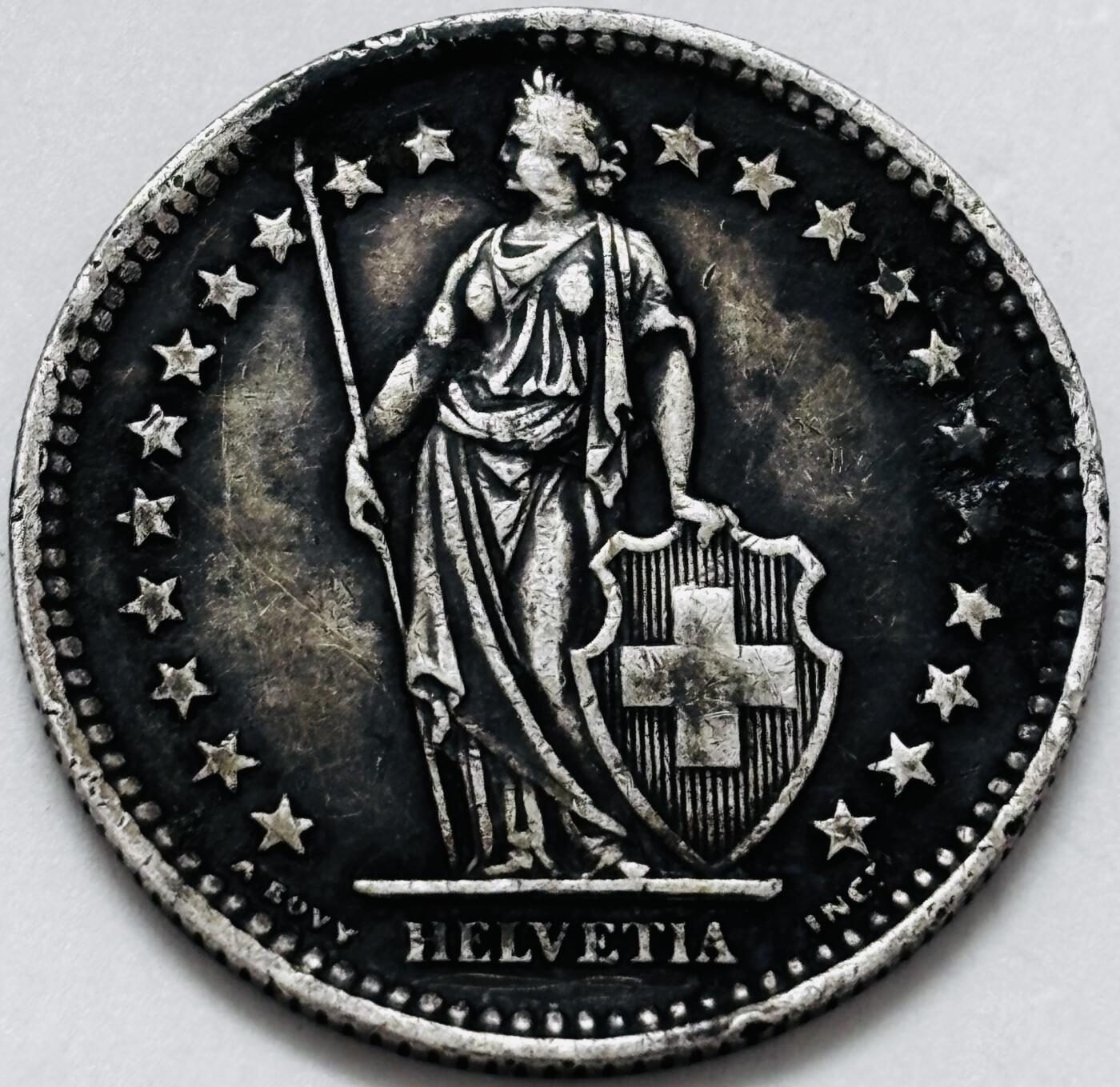 文馨钱币收藏 迎新纳福2026新年第一场（第 287 场）金银老铜币拍卖 1944 年瑞士 2 法郎银币，10 克 835 高银，老墨色包浆，自然流通形成，极其养眼