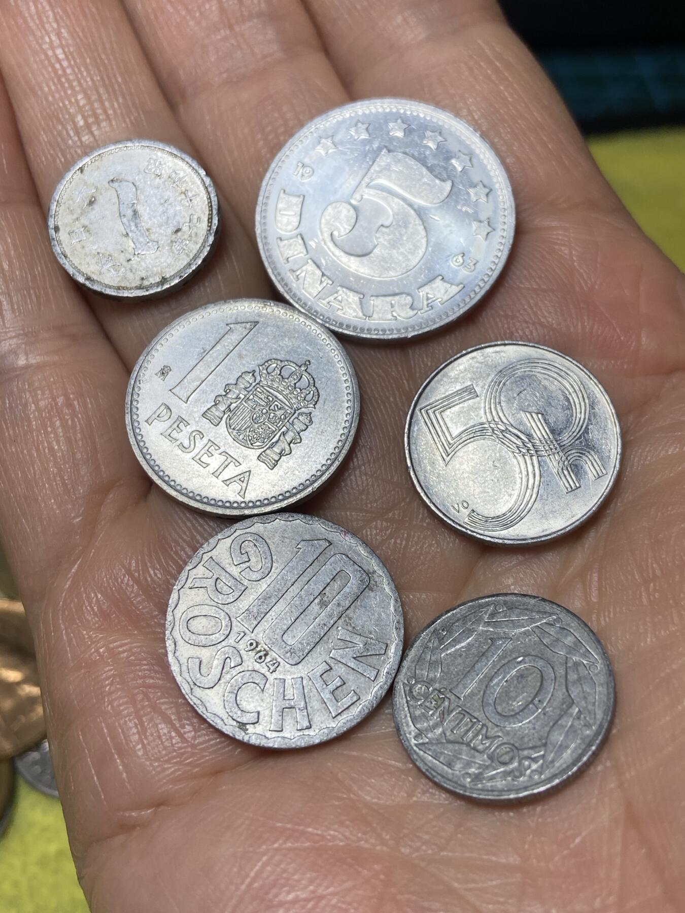 2026年第二场(总第一百七十一场）外国好品散币场(免佣金) 各国铝制散币6枚：南斯拉夫1963年5第纳尔，西班牙🇪🇸1988年1比塞塔，西班牙🇪🇸1959年10分，奥地利🇦🇹1964年10格罗申，日本1钱，捷克共和国50赫勒