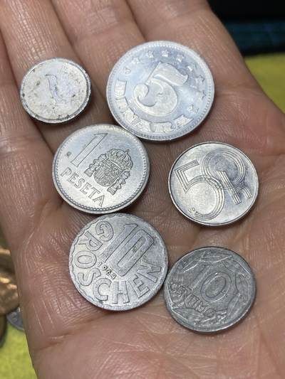 2026年第二场(总第一百七十一场）外国好品散币场(免佣金) - 各国铝制散币6枚：南斯拉夫1963年5第纳尔，西班牙🇪🇸1988年1比塞塔，西班牙🇪🇸1959年10分，奥地利🇦🇹1964年10格罗申，日本1钱，捷克共和国50赫勒
