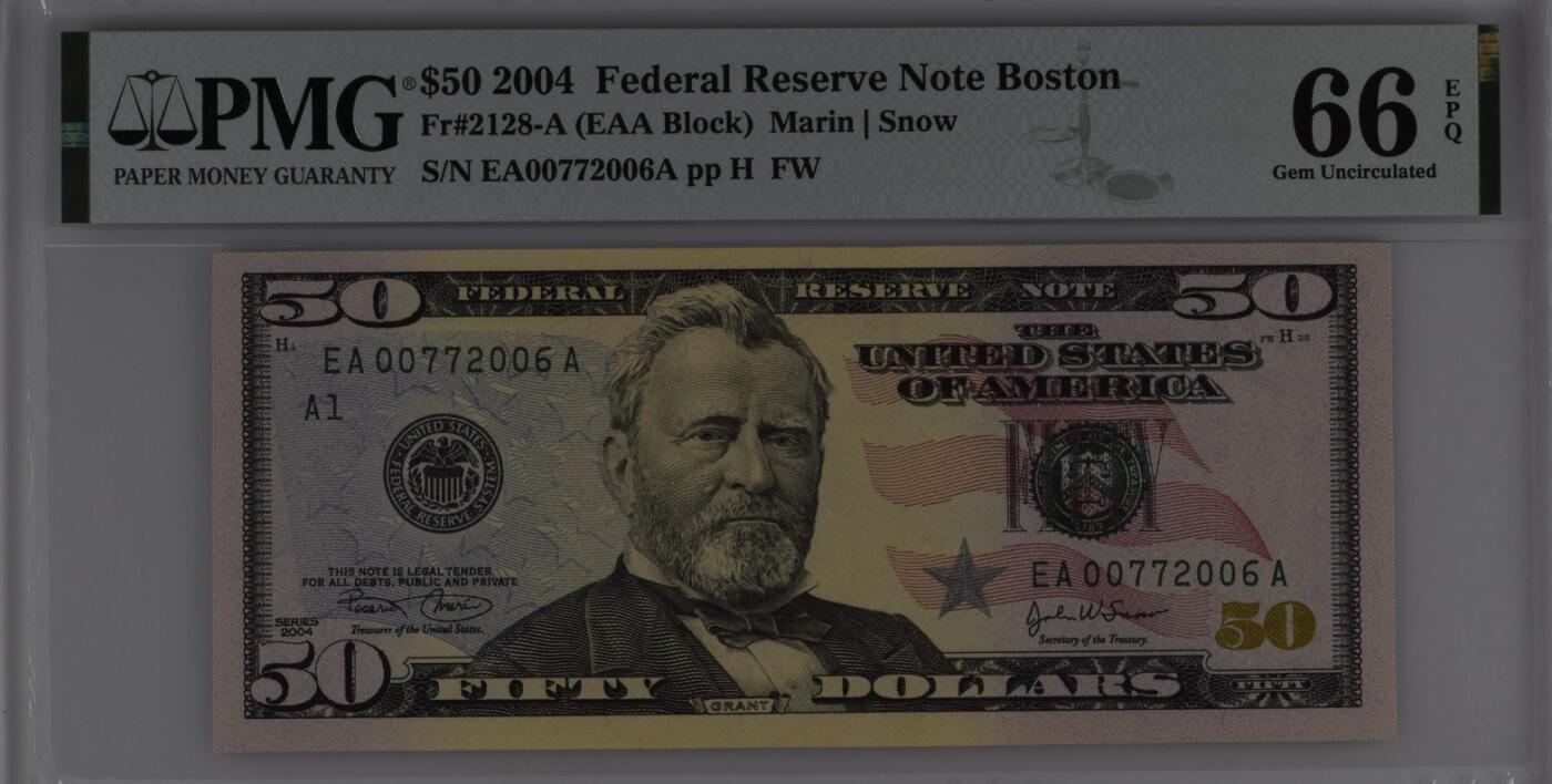 【礼羽收藏】🌏世界钱币拍卖第118期 2004年 彩色版50面值 首发年份 AA首发冠号 号码无4 日期冠号2006.7.7 PMG66EPQ 亚军分数