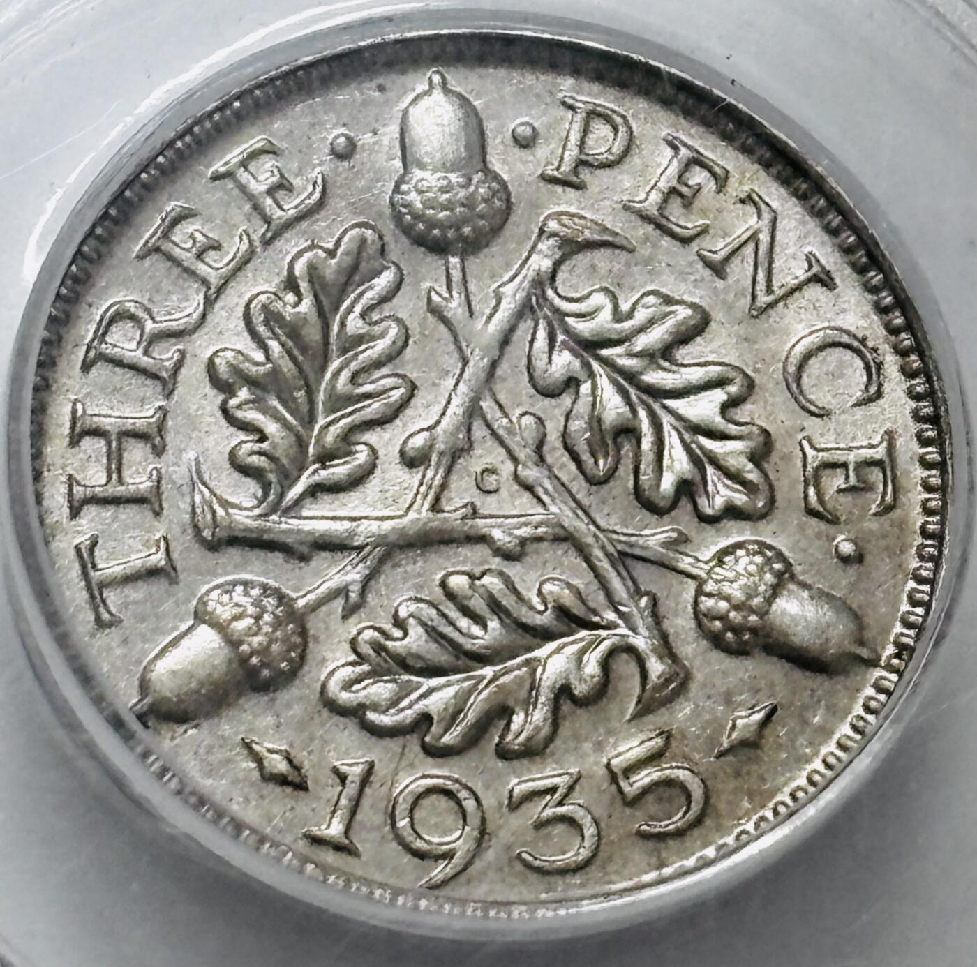 文馨钱币收藏 迎新纳福2026新年第一场（第 287 场）金银老铜币拍卖 1935 年英国乔治五世 3 便士银币，公博评级 MS61 分