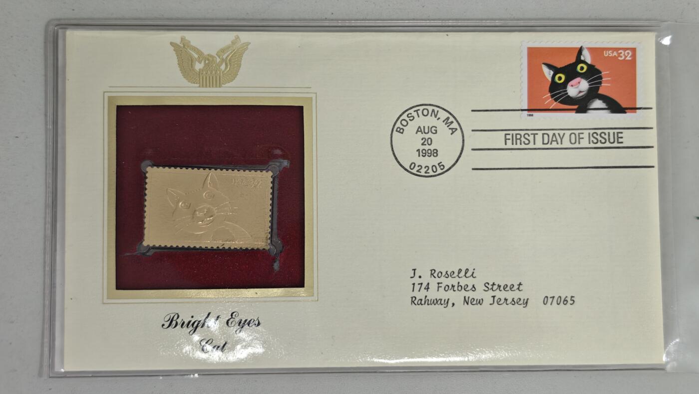 瓶子🏺第224期拍卖会  1998美国首日封带金箔邮票  卡通猫