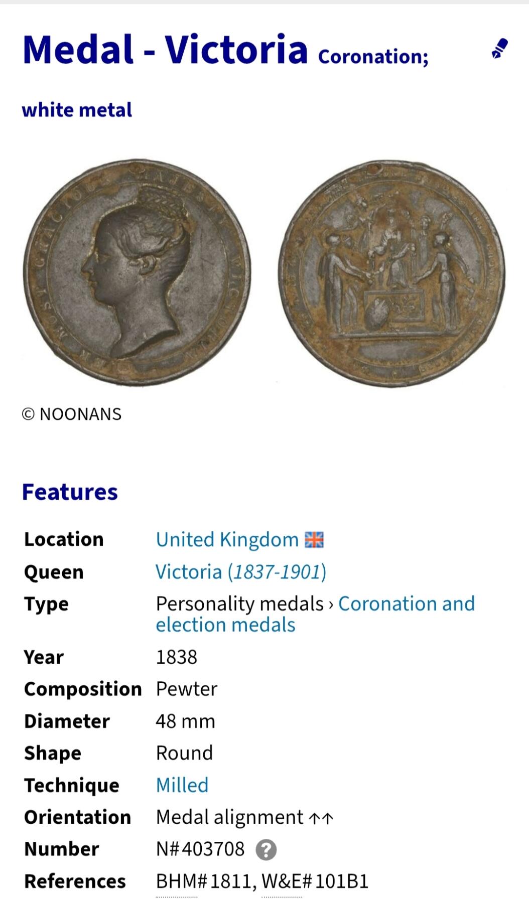 2026年第二场(总第一百七十一场）外国好品散币场(免佣金) 英国🇬🇧1838年超大直径纪念章，直径47.7毫米，厚5.0毫米，重30.64克(维多利亚女王加冕礼纪念章)