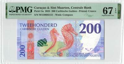 小福收藏拍卖第198期 评级币精选场  本期有菲律宾百位靓号100000比索超大纪念钞 苏里南25000盾花鸟版最高值 柬埔寨珍品56年50瑞尔 南越未发行版最高值打飞机  巴哈马彩背 老挝中国代印57年样钞 匈牙利 斯洛伐克 法罗群岛等多国精美高分珍稀老钞精品纸币 - 库拉索和圣马丁 2025年 200盾 最高值少见 无47 精美 PMG67 EPQ 季军分