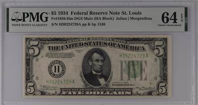 【礼羽收藏】🌏世界钱币拍卖第118期 - 1934A年 联邦储备券 50美金 纽约分区首发BA冠 号码无4 PMG老壳严评高分65EPQ