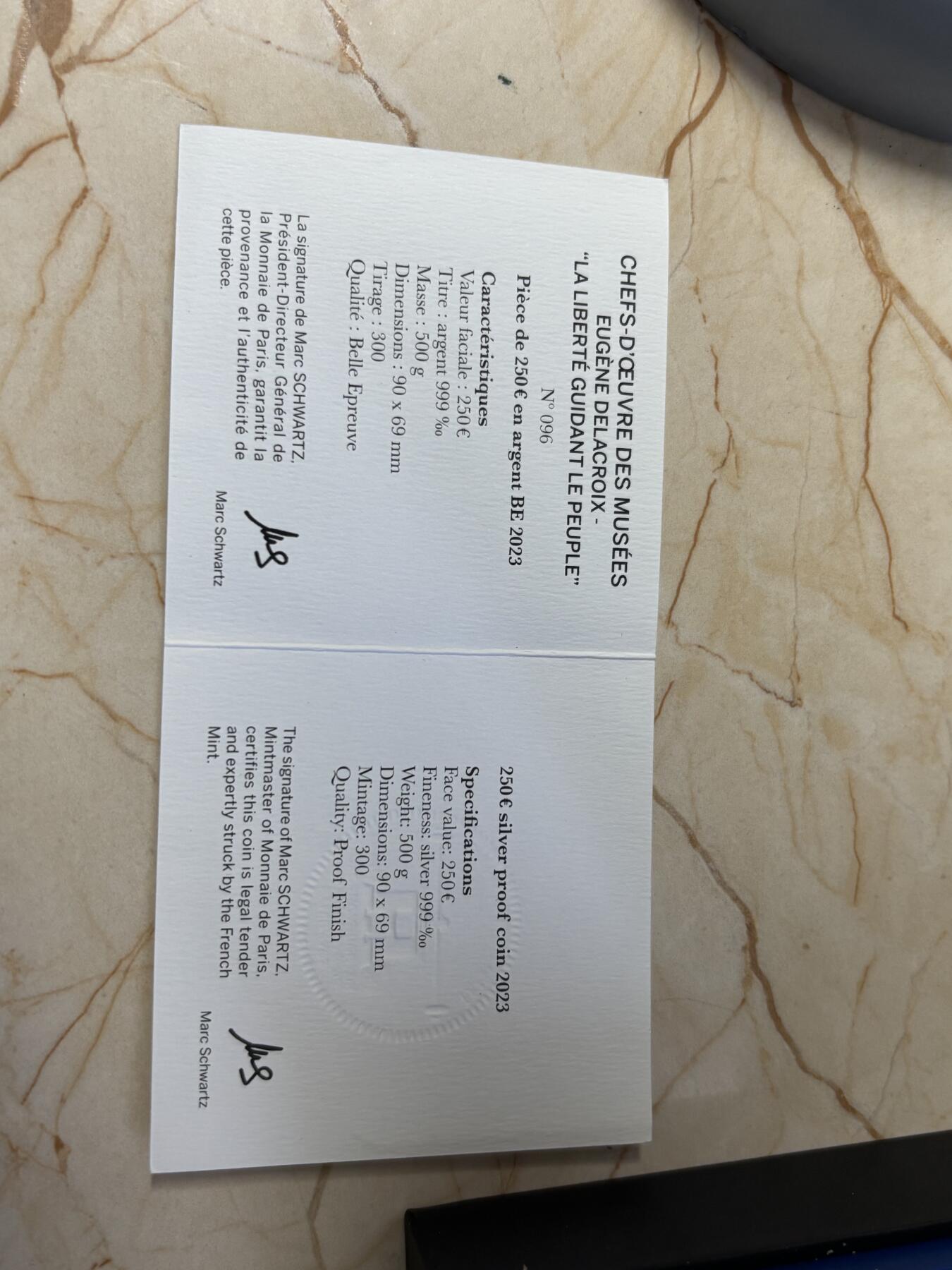 第186期拍卖 法国2023年卢浮宫杰作自由引导人民500克彩色银币，999银，500克，编号096