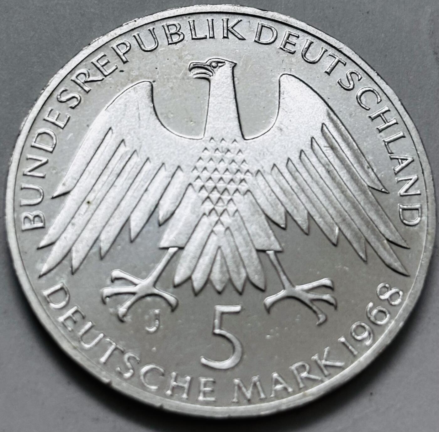 文馨钱币收藏 迎新纳福2026新年第一场（第 287 场）金银老铜币拍卖 全新德国1968年5马克纪念银币J版 费雷德里茨威廉汉姆，11.2 克 625 银