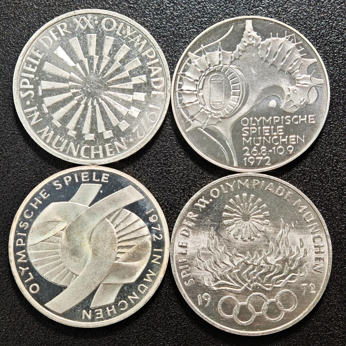 【德藏】世界币章拍卖第160期 4枚一组 1972年 德国慕尼黑奥运会10马克银币 直径约：32.4mm/枚；重约：15.3g/枚