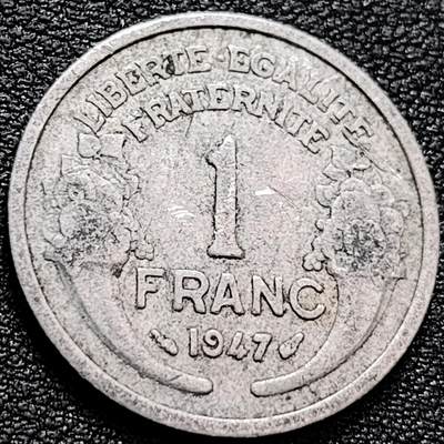 泉币菌-第158场-元旦欢乐场，开年第一场，新年快乐！（特修改截拍时间为23:30分） - 1947年法国1法郎铝币 23mm 谷物女神