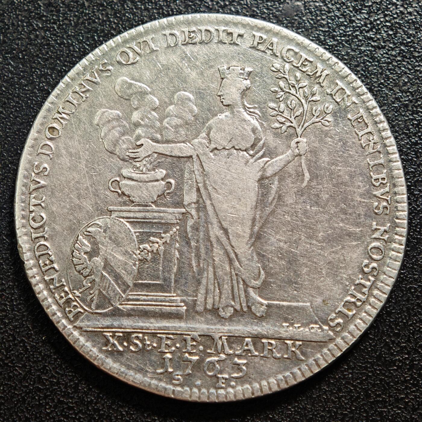 【德藏】世界币章拍卖第160期 1763年 德国纽伦堡和平拿花泰勒大银币 直径约：41.2mm；重约：27.6g