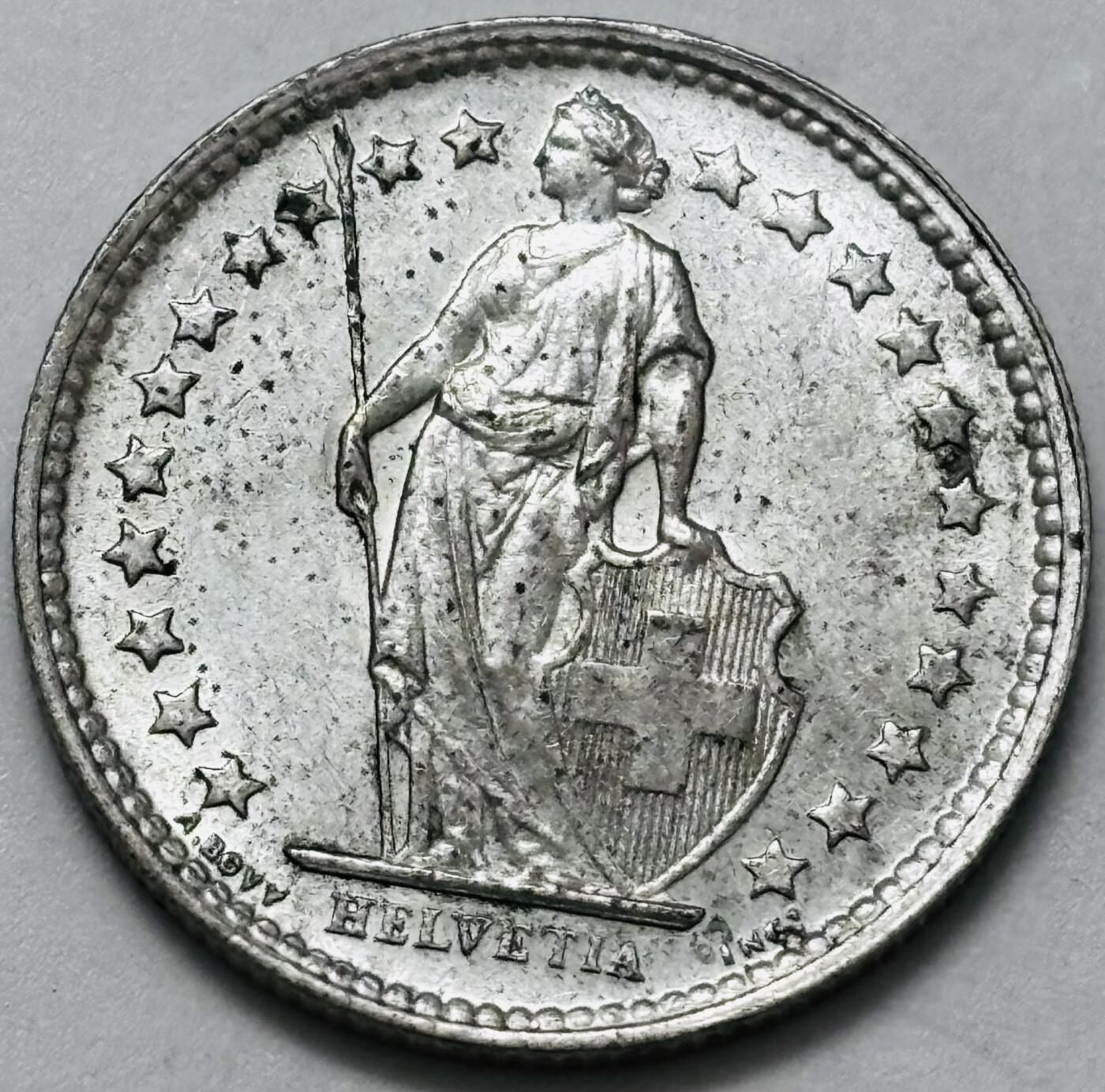 文馨钱币收藏 迎新纳福2026新年第一场（第 287 场）金银老铜币拍卖 原光好品 1957 年瑞士 1/2 法郎银币，2.5 克 835 高银，光度足够