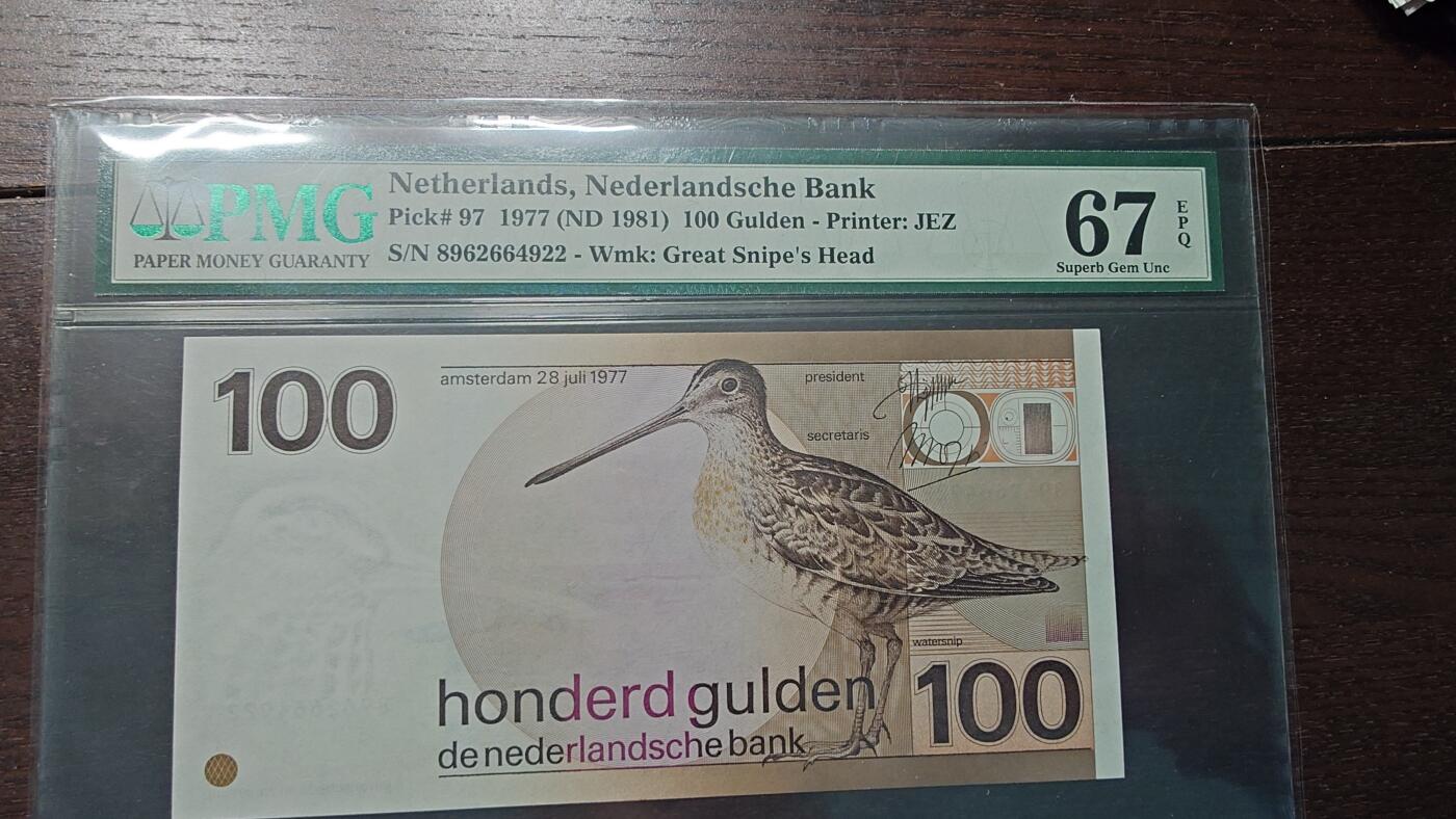【新年四拍】世界钱币～微拍第225期暨2025年第65期  评级币拍卖场 1977年荷兰100盾 水鸟PMG67E 经典老壳严评