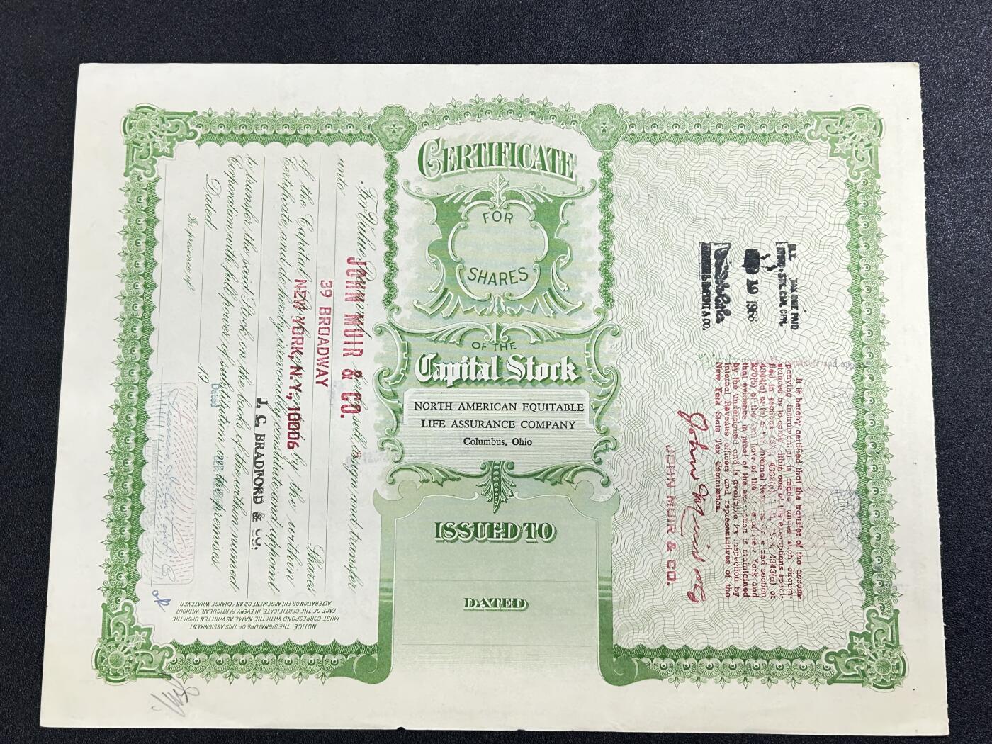 西秦中古拍卖第七十一期 美国北美公正人寿保险公司股票