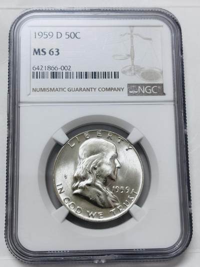 文馨钱币收藏 迎新纳福2026新年第一场（第 287 场）金银老铜币拍卖 - NGC 评级 MS63 分 1959 年美国富兰克林自由钟半美元银币，12.5 克 900 高银，这种状态不用多描述，直接看细节图