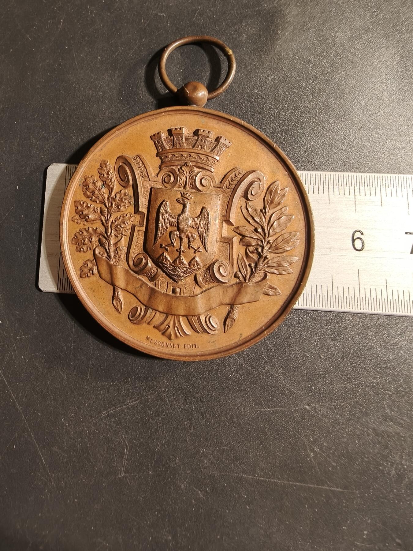 老王徽章第173期 法国1887年尼斯帆船俱乐部大尺寸铜奖章     原盒       直径50mm      重量55.6g
