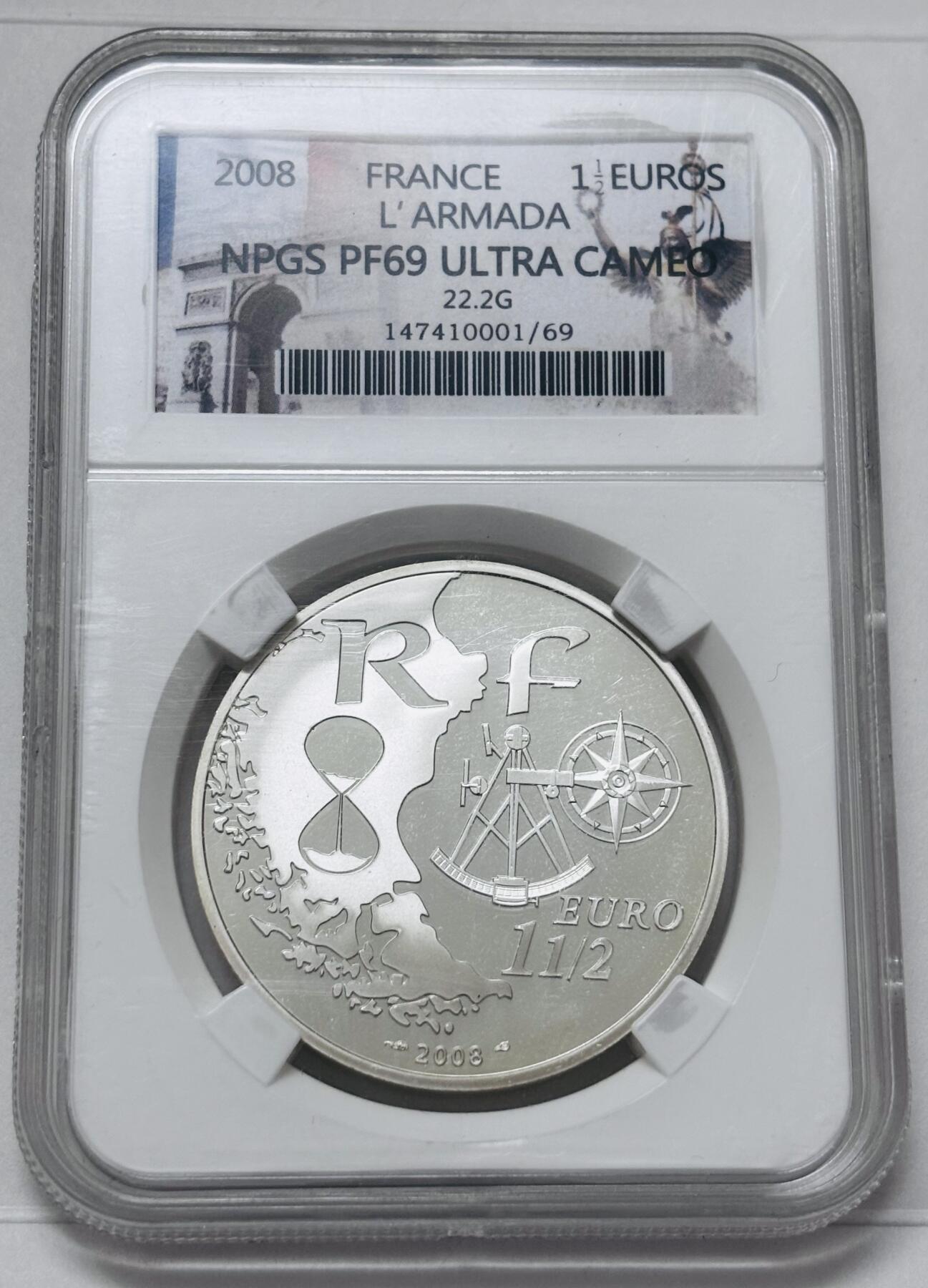 文馨钱币收藏 迎新纳福2026新年第一场（第 287 场）金银老铜币拍卖 2008 年法国纪念欧元   1-1/2 欧元精制纪念大银币，22.2 克 900 高银 NPGS 评级 PF69 亚军分