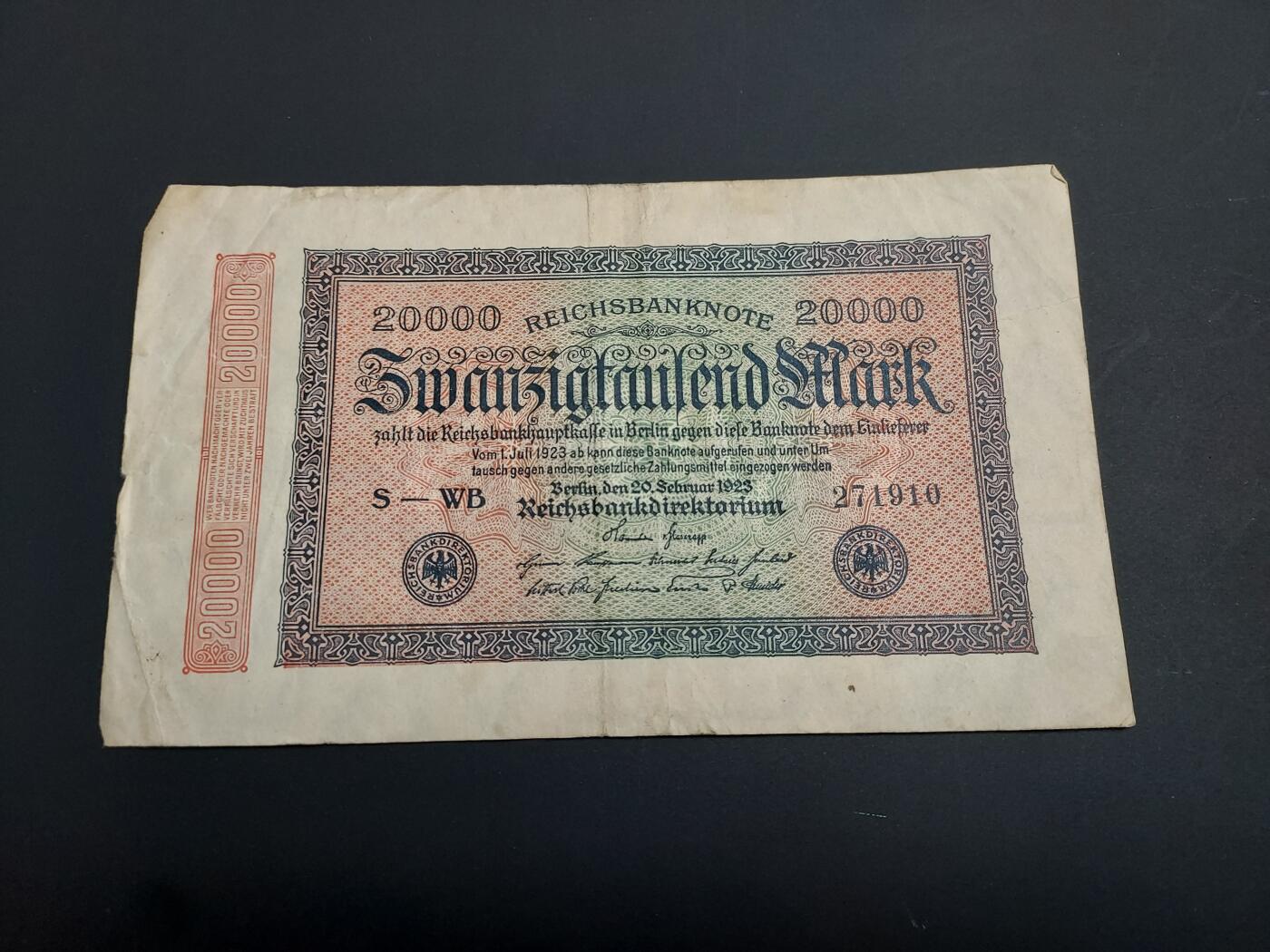 博彦收藏   1月10日 8点 钱币专场 全场包邮 1923 德国20000马克 流通品