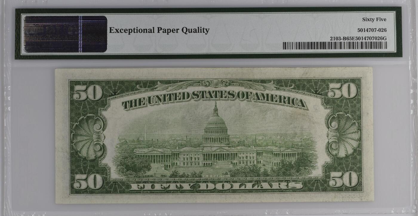 【礼羽收藏】🌏世界钱币拍卖第118期 1934A年 联邦储备券 50美金 纽约分区首发BA冠 号码无4 PMG老壳严评高分65EPQ