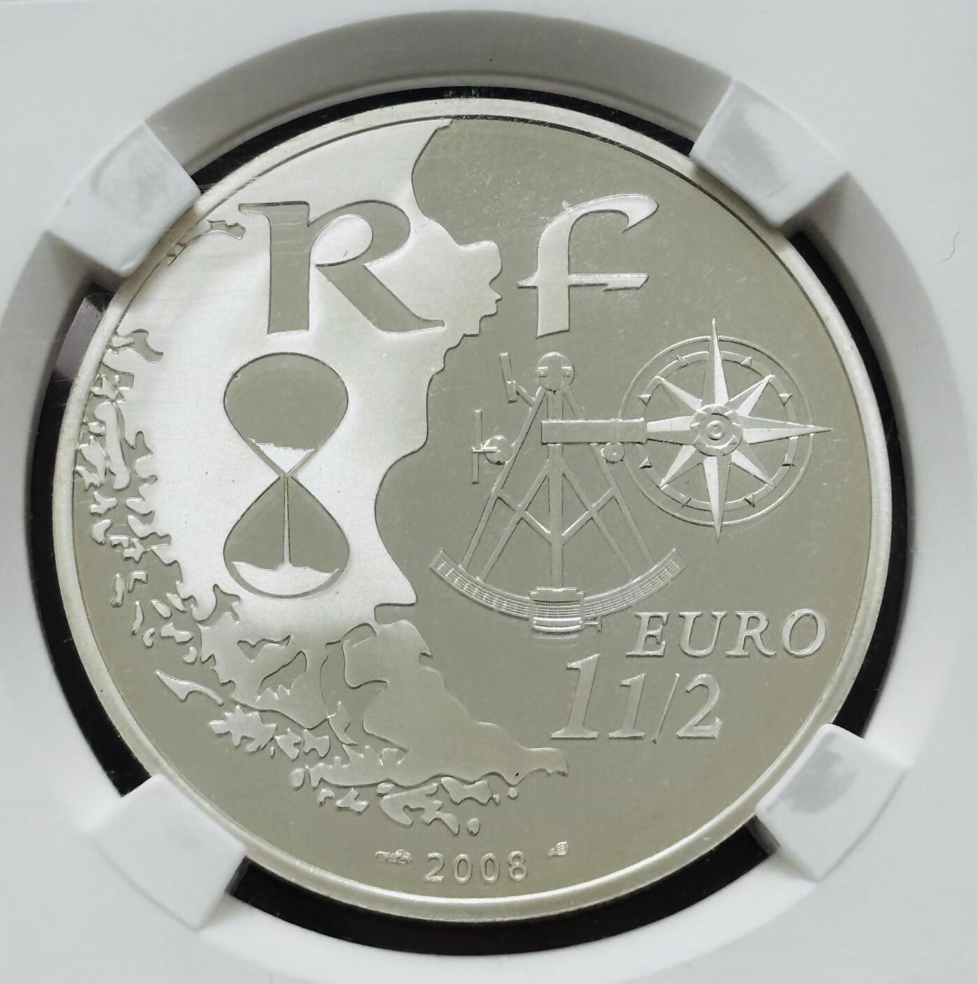 文馨钱币收藏 迎新纳福2026新年第一场（第 287 场）金银老铜币拍卖 2008 年法国纪念欧元   1-1/2 欧元精制纪念大银币，22.2 克 900 高银 NPGS 评级 PF69 亚军分