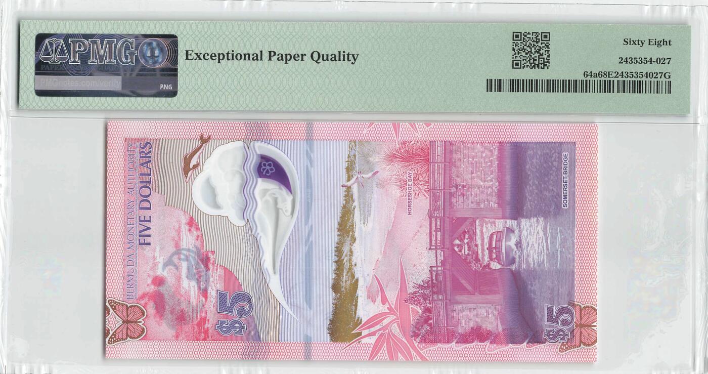 小福收藏拍卖第198期 评级币精选场  本期有菲律宾百位靓号100000比索超大纪念钞 苏里南25000盾花鸟版最高值 柬埔寨珍品56年50瑞尔 南越未发行版最高值打飞机  巴哈马彩背 老挝中国代印57年样钞 匈牙利 斯洛伐克 法罗群岛等多国精美高分珍稀老钞精品纸币 百慕大 2024年 5元 塑料钞 A/1冠 无47 双尾 PMG68 EPQ 季军分