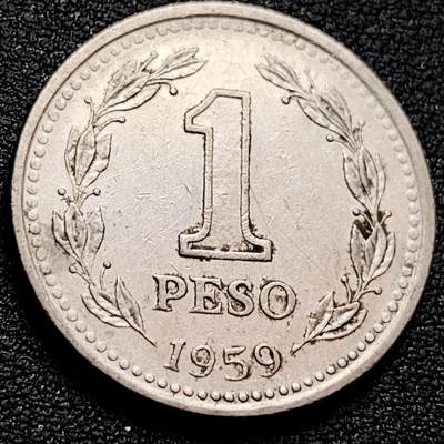 泉币菌-第158场-元旦欢乐场，开年第一场，新年快乐！（特修改截拍时间为23:30分） - 大币 阿根廷1959年1比索硬币25.8mm 