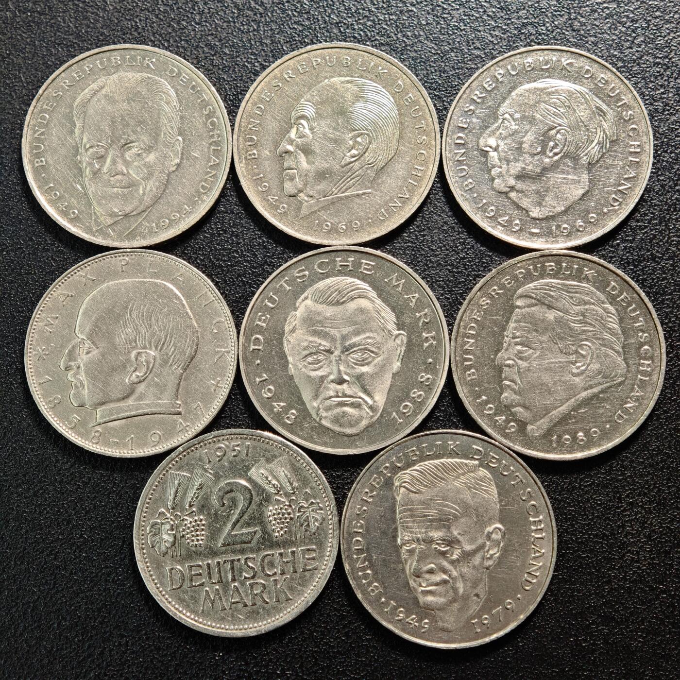 【德藏】世界币章拍卖第160期 8枚一组 德国2马克镍币 直径约：25.4mm，26.6mm；重约：7g/枚