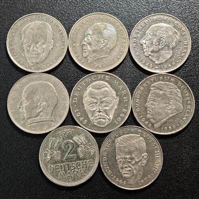【德藏】世界币章拍卖第160期 - 8枚一组 德国2马克镍币 直径约：25.4mm，26.6mm；重约：7g/枚