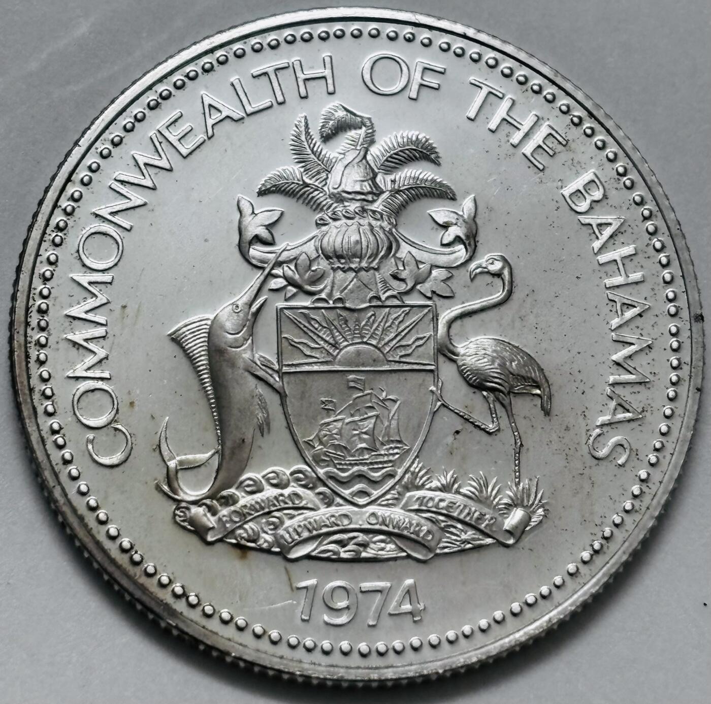 文馨钱币收藏 迎新纳福2026新年第一场（第 287 场）金银老铜币拍卖 全新 1974 年巴哈马 50 分精制银币，第三版本 10.37 克 800 高银