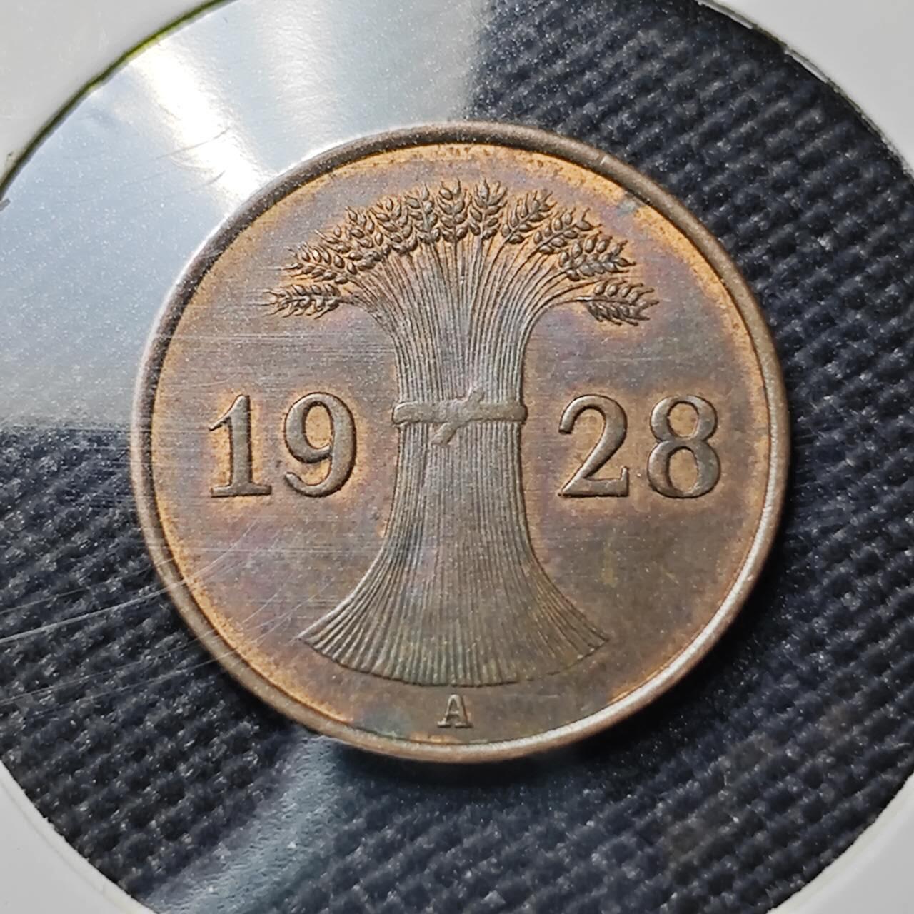 KK钱币收藏小铺 《套币 好品/批量散币专场》  2月预留时间 周末发货  1928德国魏玛1芬尼铜币 带光好品