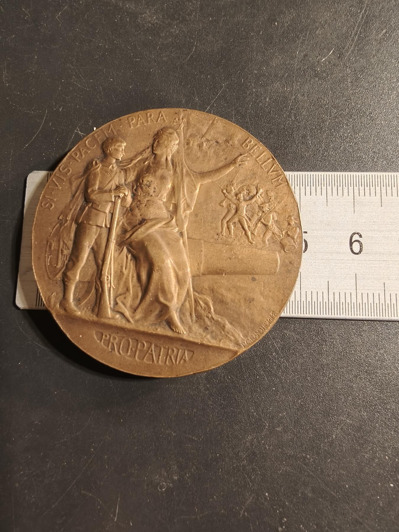 老王徽章第173期 法国战争部军事准备大铜章     原盒     大师Grandhomme作品     直径50mm     重量66.7g