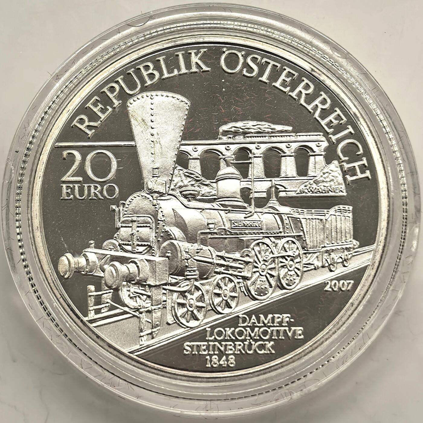 博洋堂“岁启嘉年”2026新年精品大拍专场暨第155期（全场包邮） 2007年奥地利蒸汽火车20欧元精制银币，热门图案，非常少见的品种，盒证全，值得收藏。