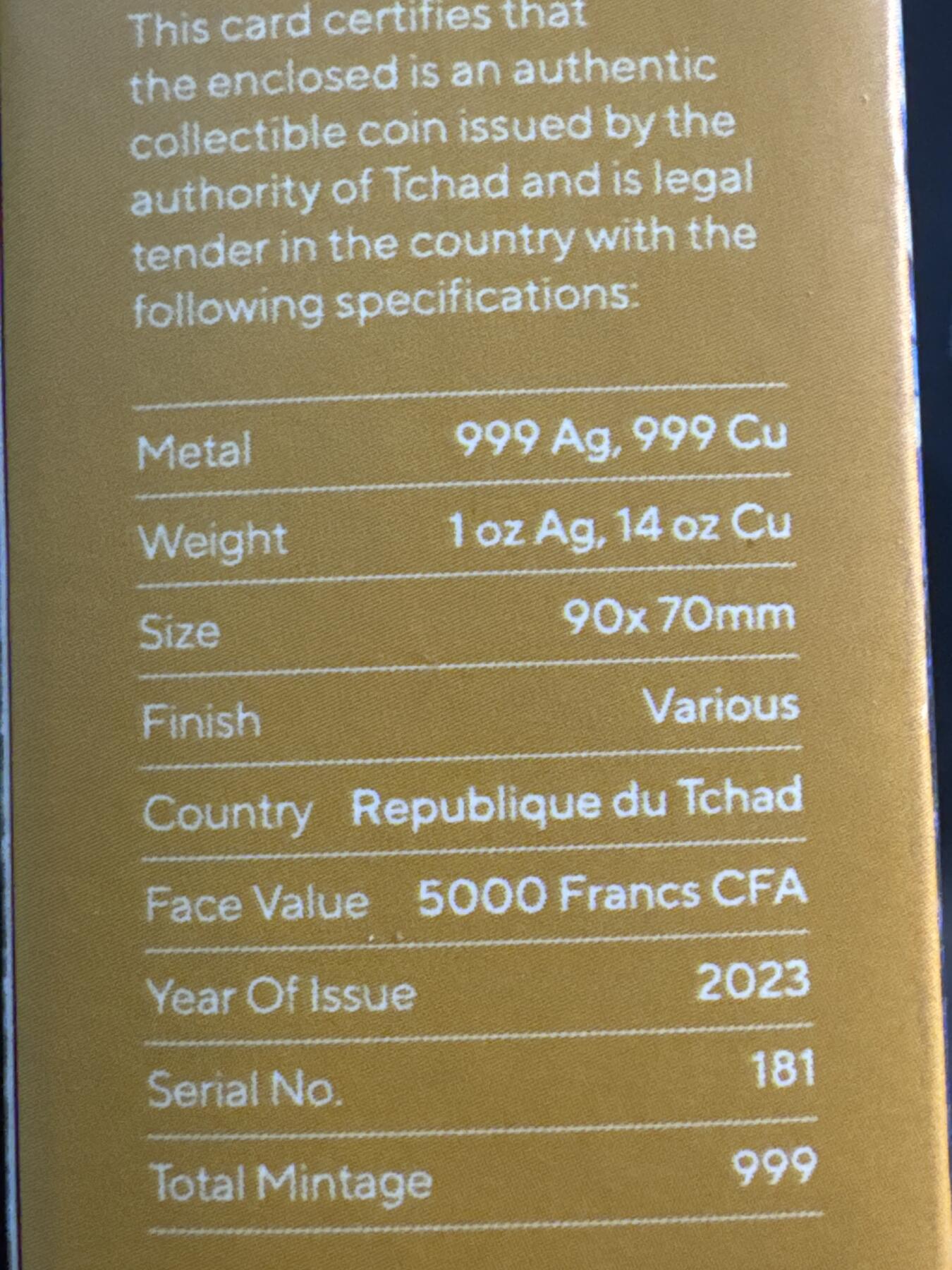 ❤️【币观天下】❤️ 第337期钱币拍卖- 2026.1.2周五晚上6点半场-长期征集拍品 乍得2023星月夜The Starry Night by Vincent van Gogh5,000中非法郎纪念银币1oz银+14oz铜70*90mm发行量999枚