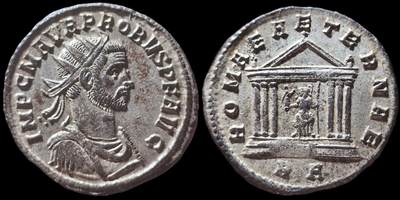 极美品！MS完全未流通！古罗马帝国洗银币 普罗布斯安东尼安努斯 背面罗马神殿，顶级美品，而且这一枚是很少见的类型，它的神殿是六柱神殿，而不是后期那种小小的窄窄的神殿，这一枚的类型在普罗布斯的神殿币里都算是比较不错的品种，而且有这样光度的银层，真的实属罕见了，欧拍至少2600-3000的品相