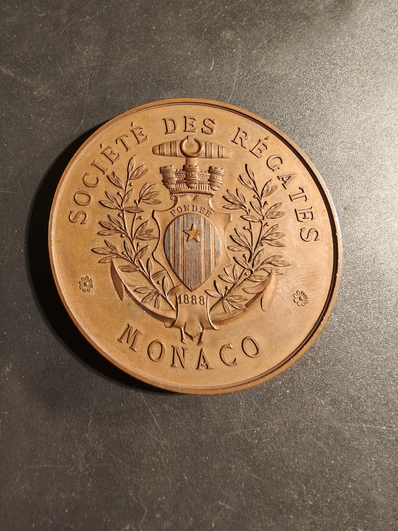 老王徽章第173期 摩纳哥赛艇协会成立大铜章     原盒    Cuivre铜标     直径59mm    重量86.7g
