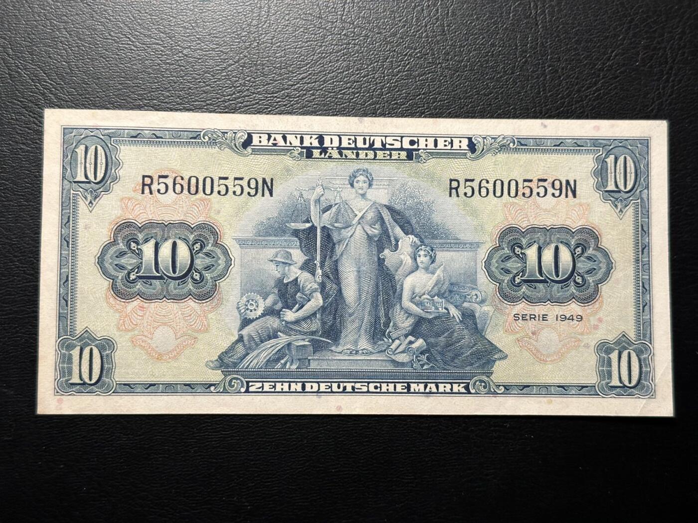 九十九场（喜迎元旦） 联邦德国1949年10马克美钞版无47 ！品相au。板子很好！