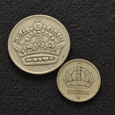 【全场包邮】纯粹捡漏拍490场（免费代拍第27场） - 瑞典1950/1954年50/10欧尔银币2枚（共计6.24克）一组