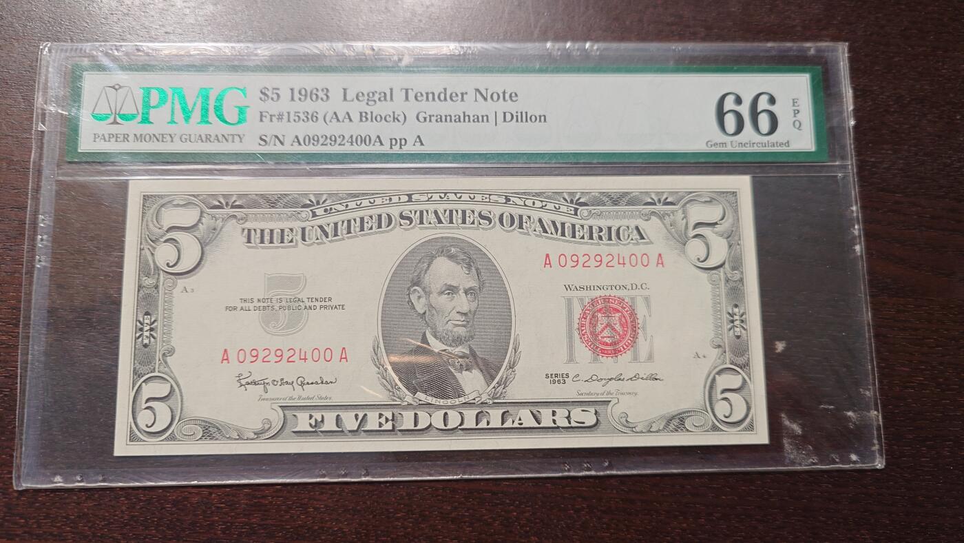 【新年四拍】世界钱币～微拍第225期暨2025年第65期  评级币拍卖场 1963年美国5元红库印 AAA冠PMG66E