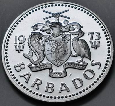 文馨钱币收藏 迎新纳福2026新年第一场（第 287 场）金银老铜币拍卖 - 全新 1973 年巴巴多斯 5 元精制大银币，第一版首发版 31.1 克 800 高银