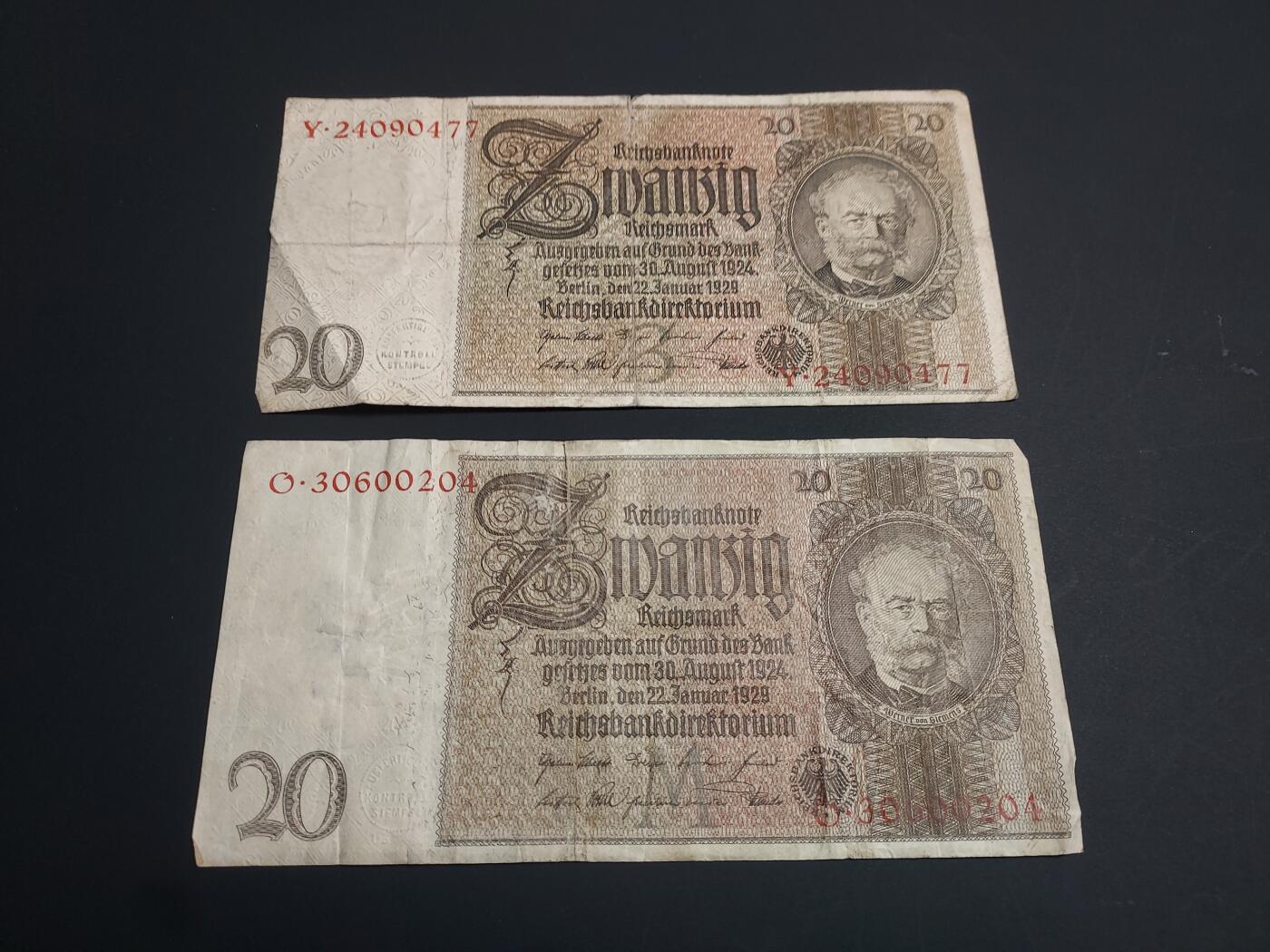 博彦收藏   1月10日 8点 钱币专场 全场包邮 1929 德国 20马克 2张 流通品