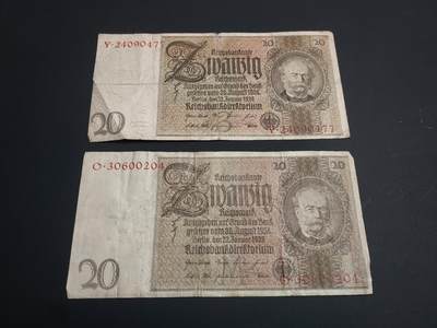 博彦收藏   1月10日 8点 钱币专场 全场包邮 - 1929 德国 20马克 2张 流通品