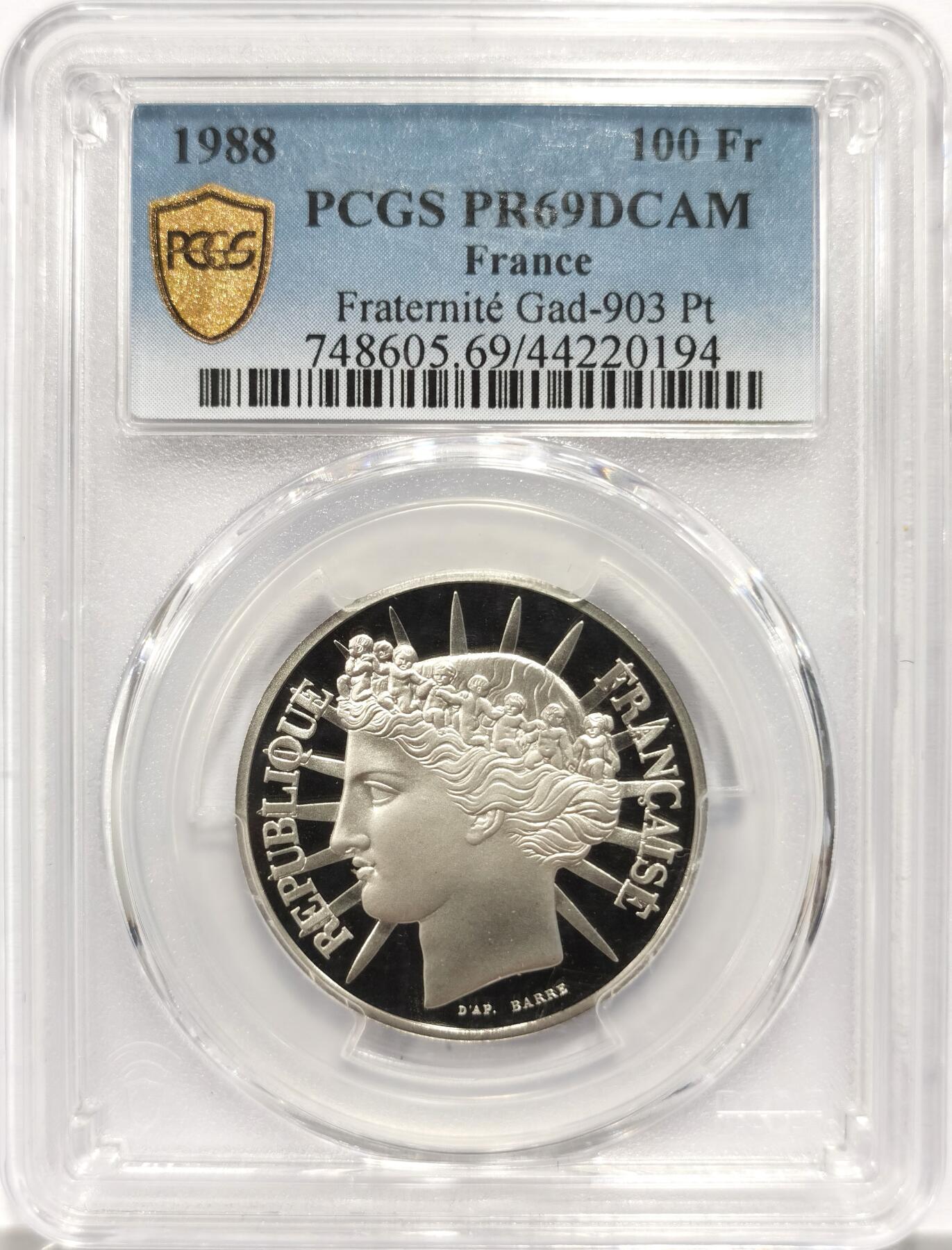 博洋堂“岁启嘉年”2026新年精品大拍专场暨第155期（全场包邮） PCGS PR69DCAM 法国1988年100法郎铂金币主币老精稀一枚。冠亚军分一共才4枚。铂金熊猫已经破两万了。全世界都极其稀有的外币铂金老币！