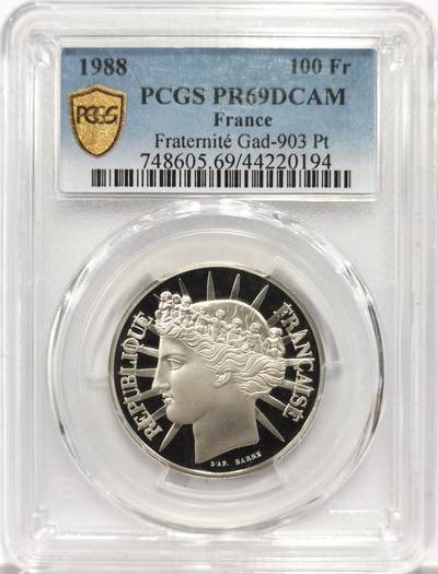 博洋堂“岁启嘉年”2026新年精品大拍专场暨第155期（全场包邮） - PCGS PR69DCAM 法国1988年100法郎铂金币主币老精稀一枚。冠亚军分一共才4枚。铂金熊猫已经破两万了。全世界都极其稀有的外币铂金老币！