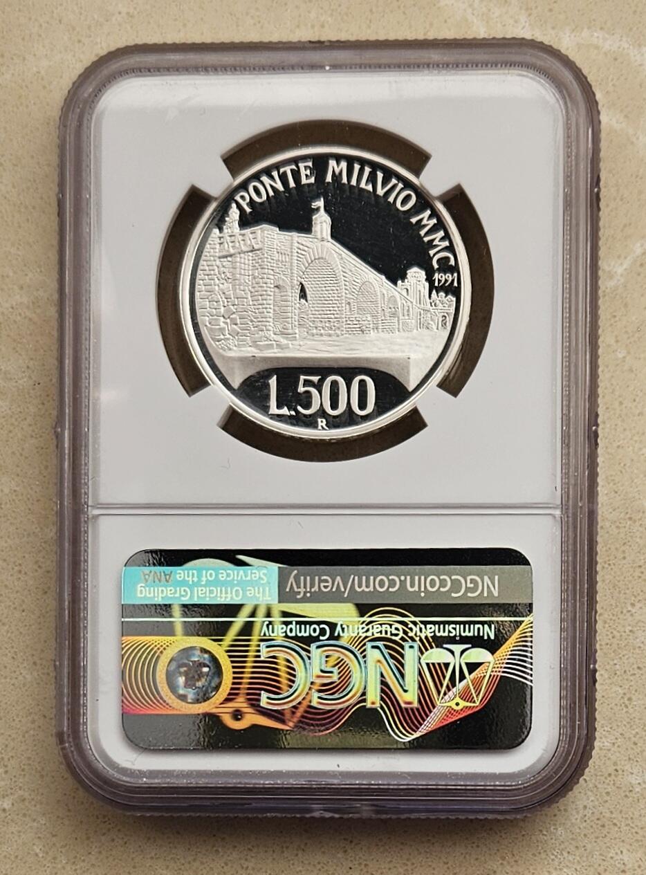 【币将精彩】世界钱币拍卖（2026-1-7） 克劳斯获奖币意大利1991年米尔维奥桥精制银币NGC评级币肉眼无瑕疵不知何故低评