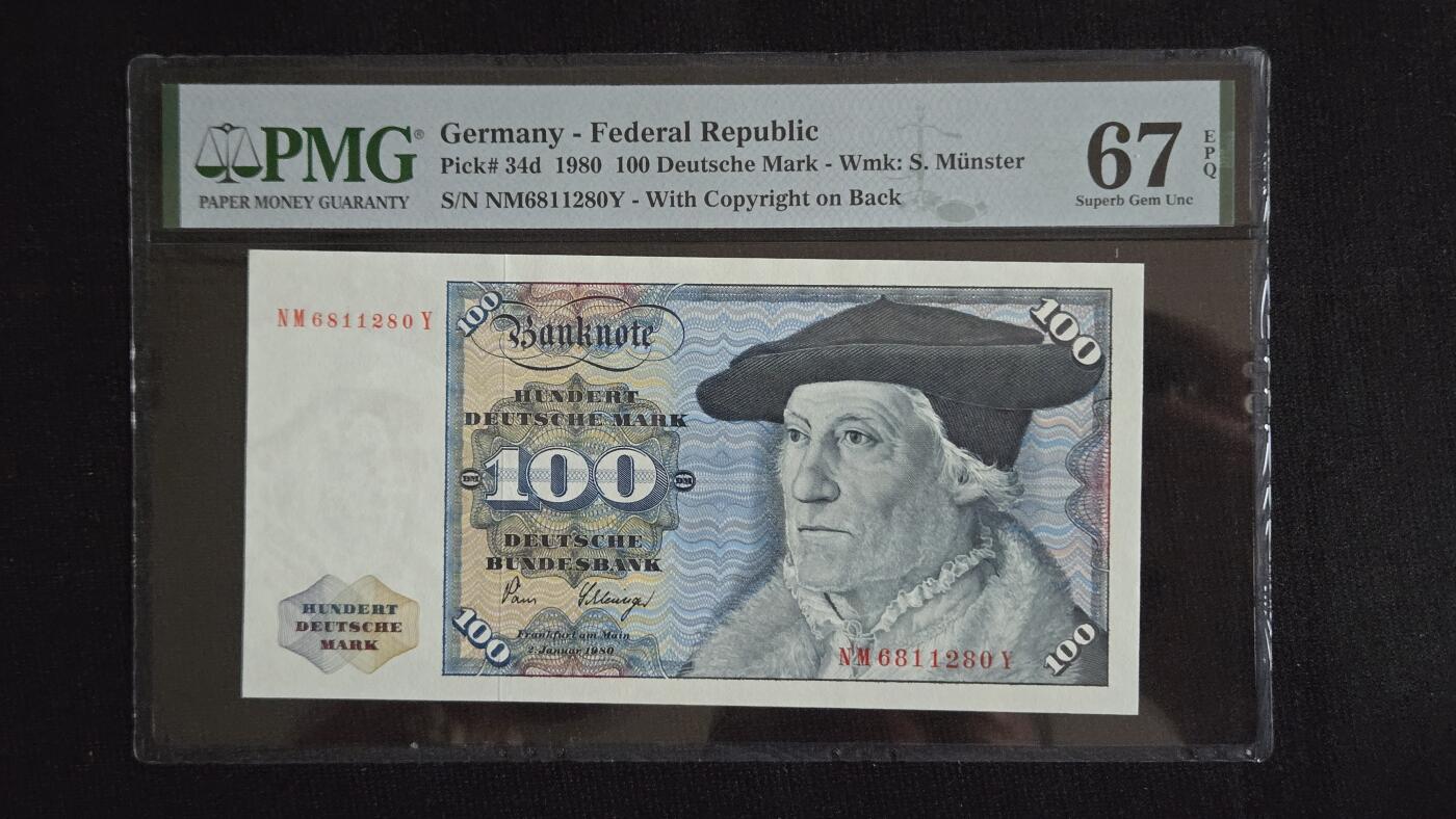 听雨轩（五十二） 德国100马克 pmg67 稀少朦胧号 德国画家安贝格  的作品塞巴斯琴·明斯特 1980