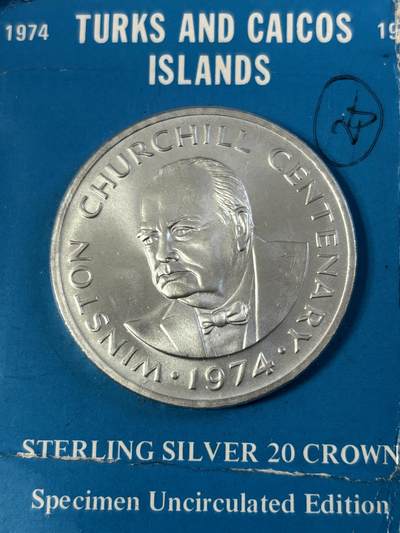 第186期拍卖 - 卡装特克斯和凯科斯1974年丘吉尔38.7克纪念银币，925银，银价644