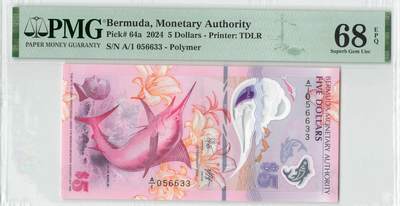 小福收藏拍卖第198期 评级币精选场  本期有菲律宾百位靓号100000比索超大纪念钞 苏里南25000盾花鸟版最高值 柬埔寨珍品56年50瑞尔 南越未发行版最高值打飞机  巴哈马彩背 老挝中国代印57年样钞 匈牙利 斯洛伐克 法罗群岛等多国精美高分珍稀老钞精品纸币 - 百慕大 2024年 5元 塑料钞 A/1冠 无47 双尾 PMG68 EPQ 季军分