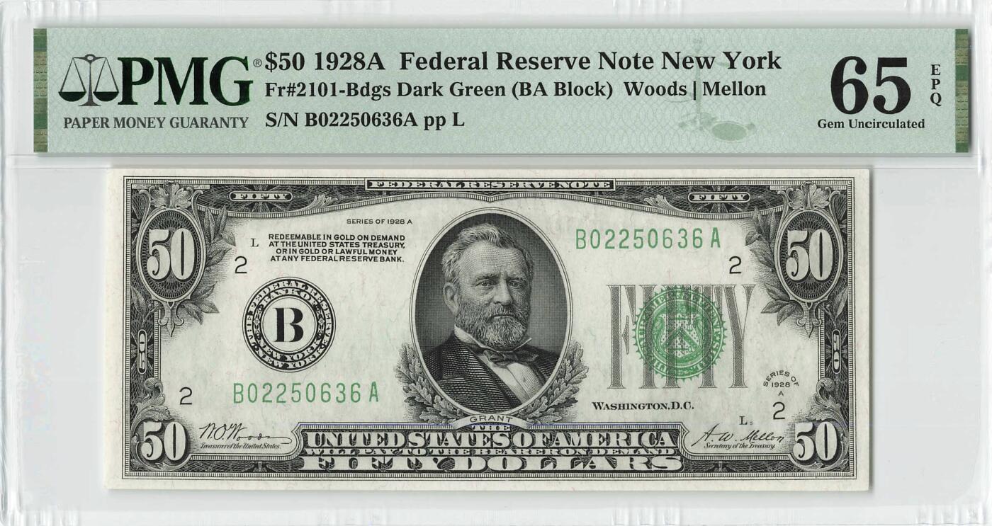 小福收藏拍卖第198期 评级币精选场  本期有菲律宾百位靓号100000比索超大纪念钞 苏里南25000盾花鸟版最高值 柬埔寨珍品56年50瑞尔 南越未发行版最高值打飞机  巴哈马彩背 老挝中国代印57年样钞 匈牙利 斯洛伐克 法罗群岛等多国精美高分珍稀老钞精品纸币 美国 1928年 50美元 长号无47 绿库印 PMG65 EPQ 亚军分